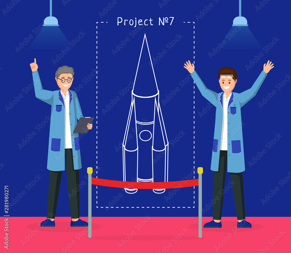 Spaceship design project vector illustration. Cheerful engineers ...