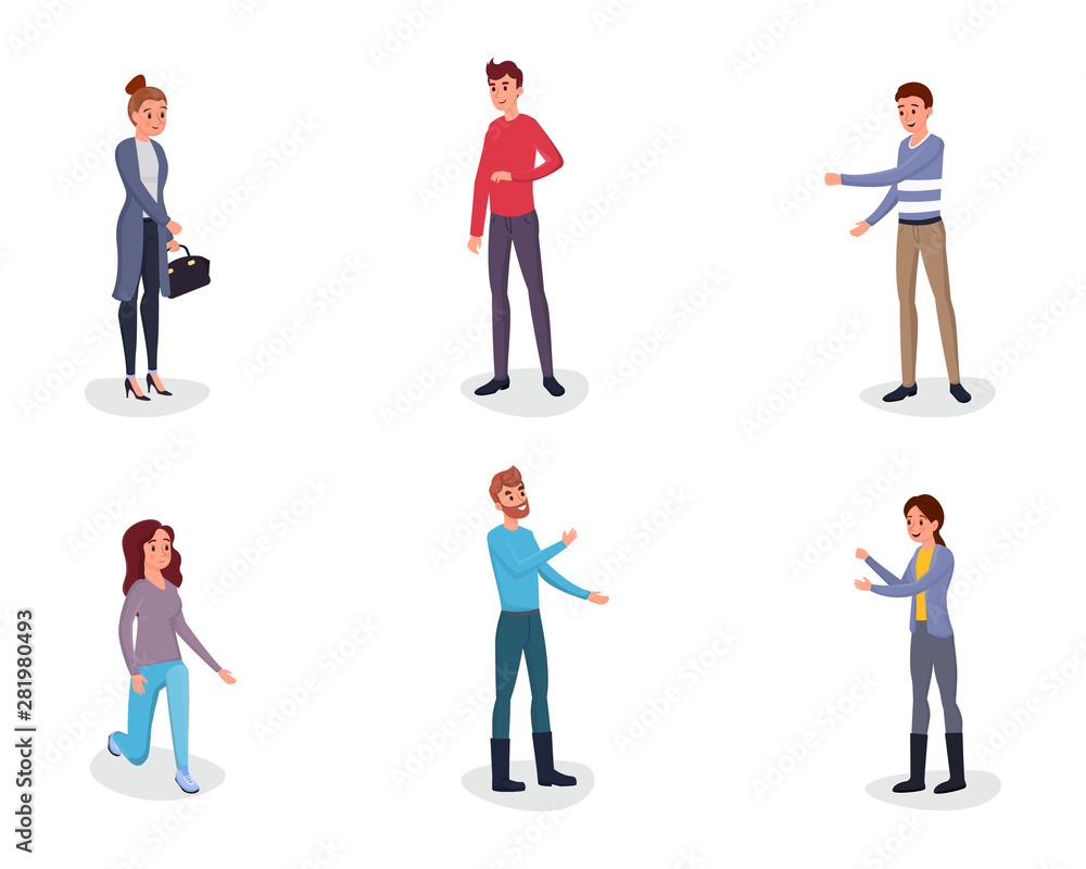 People gesturing flat vector characters set. Cheerful man, woman expressing emotions with raised hands, mimic, pantomime movements. Young girl, lady kneeling, standing on knee isolated character