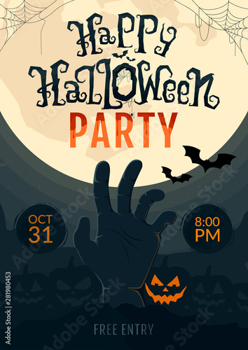 Happy Halloween Party poster templates or welcoming banner. Zombie hand on spooky landscape at moon and scary calligraphy letters. Vector illustration.