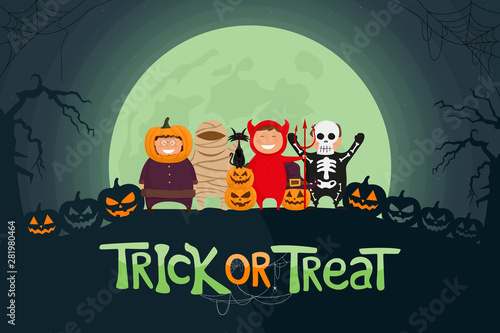 Happy Halloween vector illustration. Kids dressed in Halloween costume ready to go Trick or Treat. Spooky moonlight background.