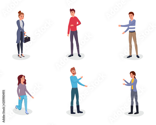 People gesturing flat vector characters set. Cheerful man, woman expressing emotions with raised hands, mimic, pantomime movements. Young girl, lady kneeling, standing on knee isolated character