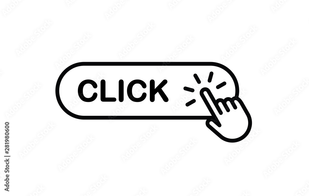 Click here button with hand clicking icon Click here button with hand clicking icon