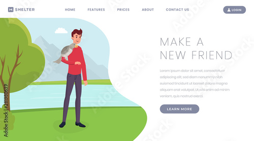 Taking abandoned animals landing page template. Cartoon boy, volunteer with parrot on shoulder hand drawn character. Protecting wildlife, endangered species, exotic birds website page design layout