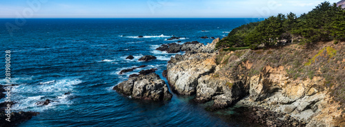 The rocky coast of central California taken from the cliffs of scenic Highway 1, along the Pacific Coast of the Monterey Bay in Big Sur.  California travel. 