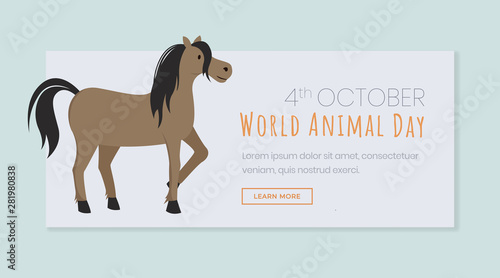 Global animal day landing page template. Protecting domestic, domesticated and wild animals October holiday. Wildlife protection, love and care for endangered species website page design layout