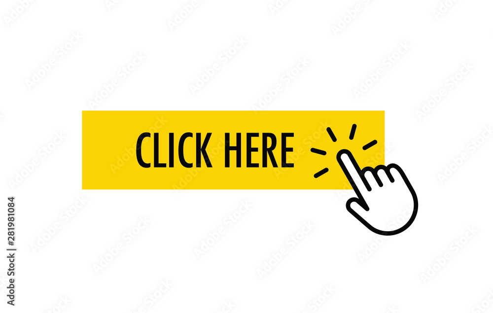 Click here button with hand clicking icon Click here button with hand clicking icon