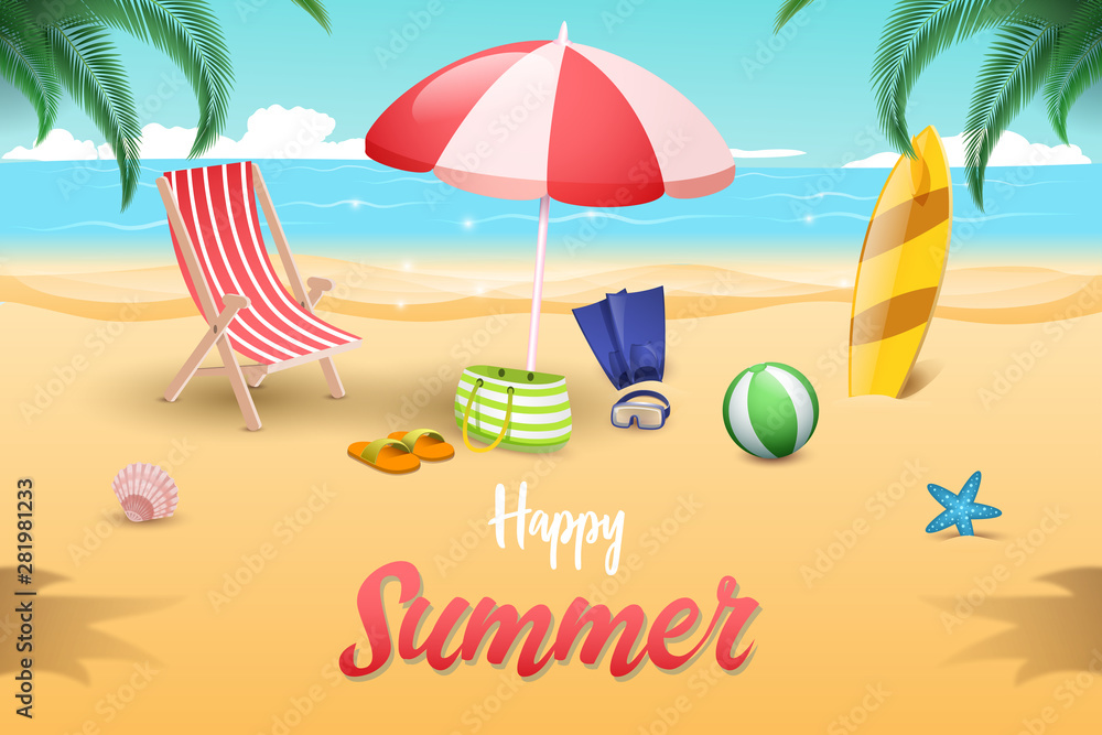 Naklejka premium Seaside relax vector banner template. Water sports tools, scuba diving, surfing equipment on sandy beach. Seashells, starfish, tropical palm leaves summertime postcard design layout