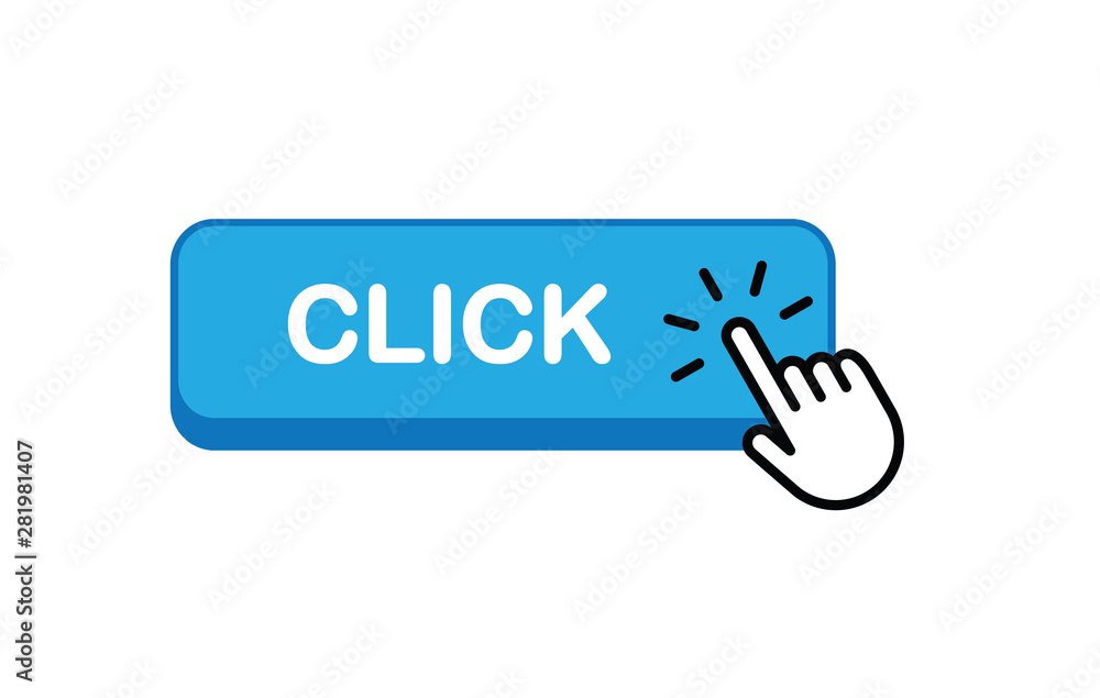 Click here button with hand clicking icon Click here button with hand clicking icon