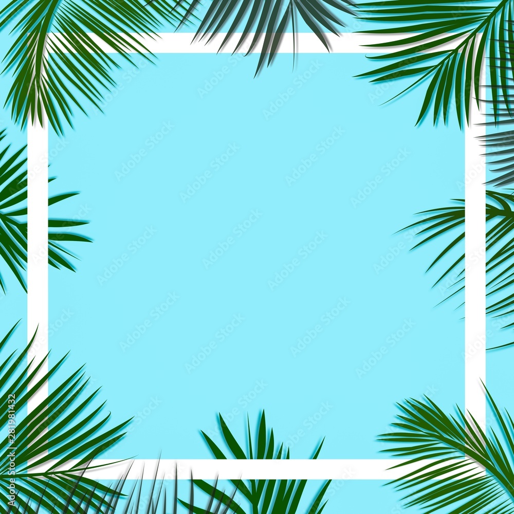 Palm leaves decorated on the soft pastel blue color background