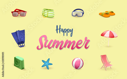 Summer accessories vector banner template. Summertime vacation symbols set. Cartoon beach umbrella, deckchair, sunglasses. Scuba diving equipment, flippers, goggles isolated on yellow background