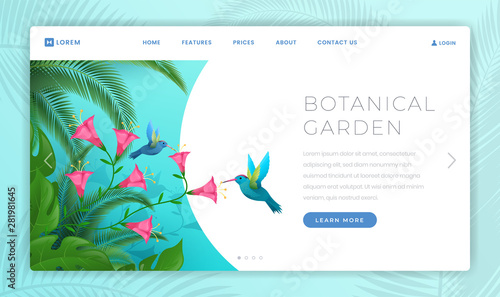 Botanical garden landing page template. Watching exotic rare flora and fauna species, tropical hummingbirds in wild nature. Summertime tourist attraction website page design layout