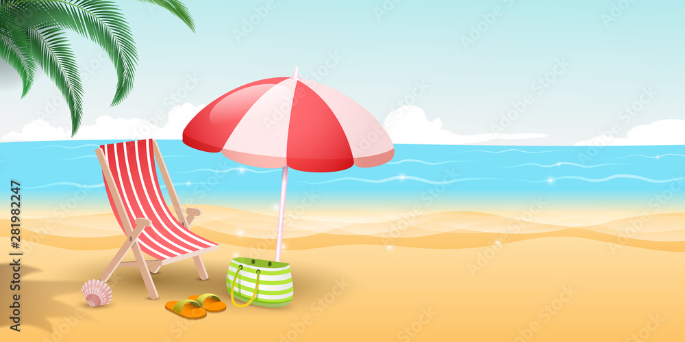 Obraz premium Tropical island resort vector illustration. Travelers paradise with sandy beach, blue sea and palm trees. Striped deckchair, umbrella and bag on sunny day, seaside vacation, summertime relax