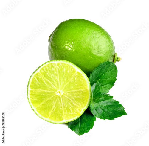 Natural fresh lime and mint isolated on white background
