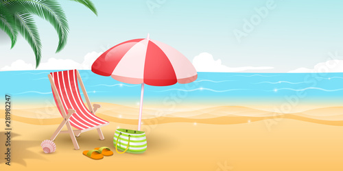 Tropical island resort vector illustration. Travelers paradise with sandy beach, blue sea and palm trees. Striped deckchair, umbrella and bag on sunny day, seaside vacation, summertime relax