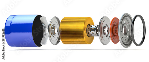 Car oil filter isolated on white. Exploded view.