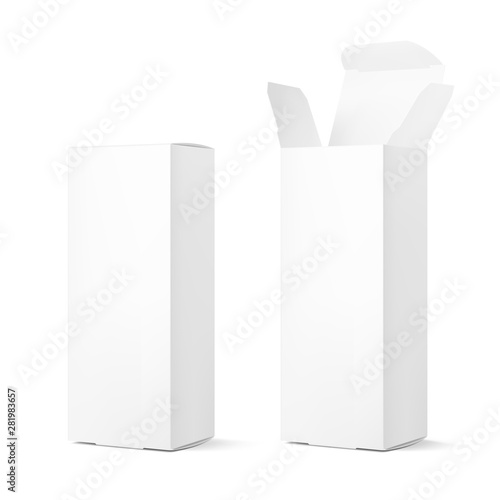 Realistic closed and open cardboard box mockup. Vector illustration isolated on white background. Taking your 2D designs into 3D. Can be use for medicine, food, cosmetic and other. EPS10.