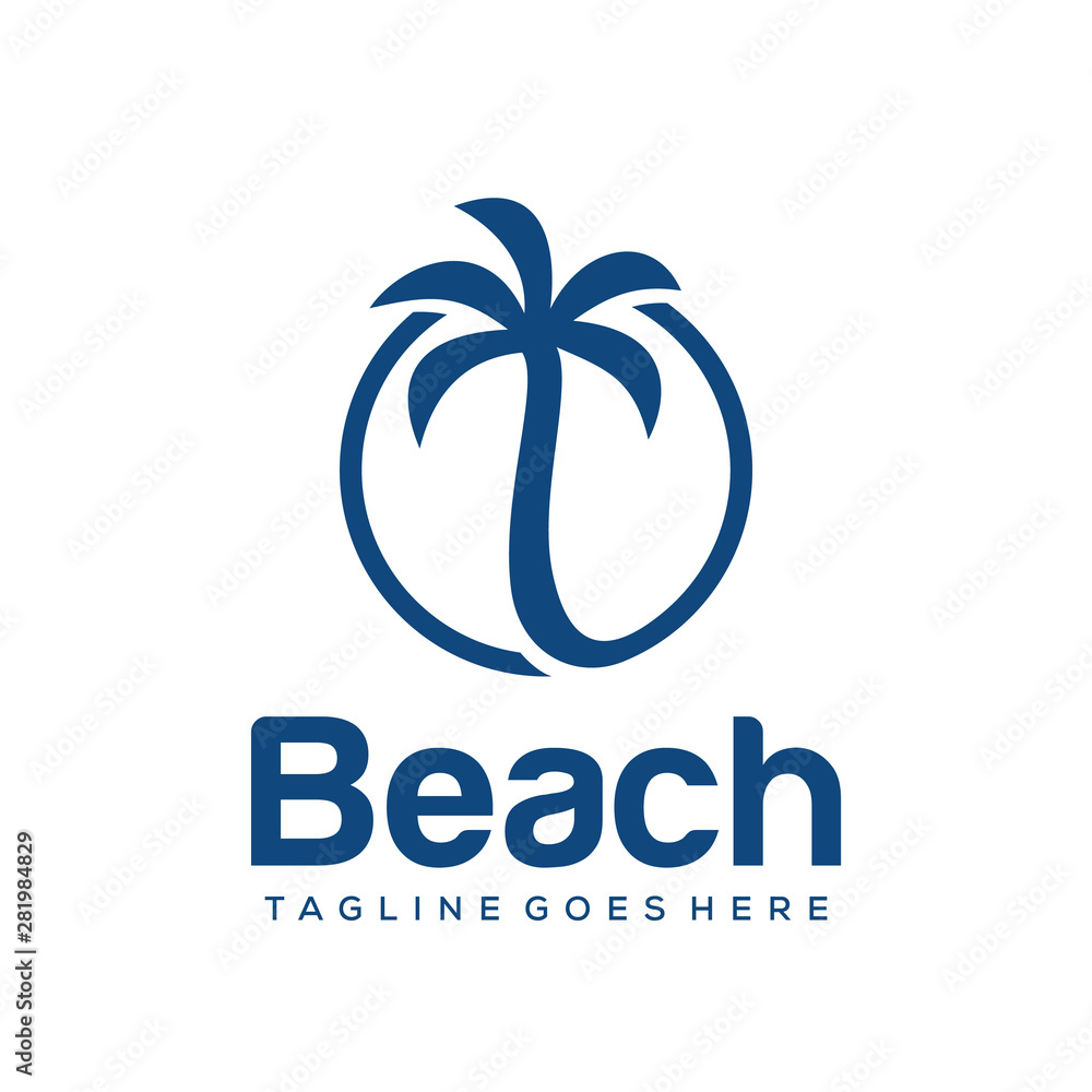 Illustration of beauty abstract beach with palm tree in circle sign logo design