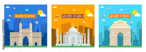 Welcome to India, Mumbai, Delhi, Agra card set. Travel of the India of flyer, magazines, book cover, Layout Concept, Template, Banner, Logo Design, Icon, Poster, Unit, Label, Web Header - vector.