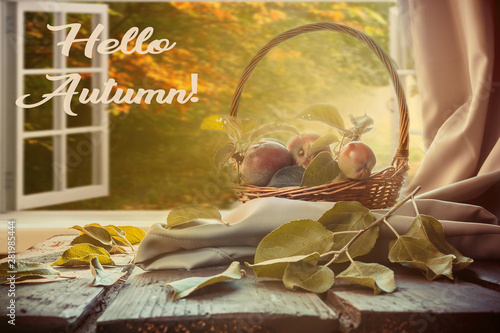 Hello autumn. Autumn arrangement basket with fruit at the open window with a view of the autumn landscape