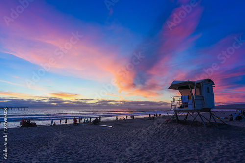 Life Guard House at Sunset on Ocean Beach, San Diego, California, USA