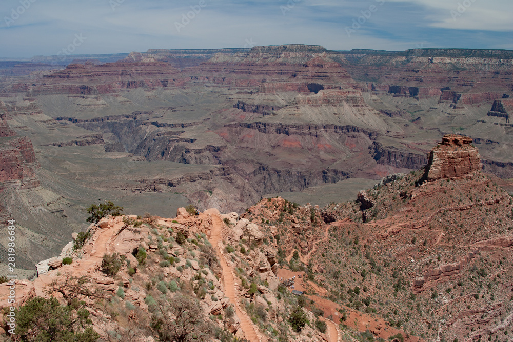 View of Grand Canyon from South Kaibab Trail on South Rim of Grand Canyon National Park, Arizona on sunny summer afternoon.