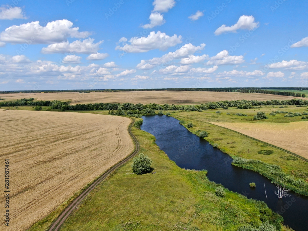 Naklejka premium Pond and fields with harvest on a sunny day