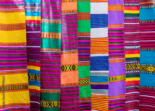 Traditional Ethiopian textiles, hand made colorful scarf on market, Lake Tana Ethiopia