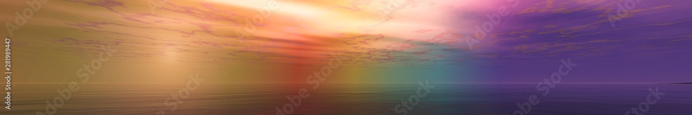 Panorama of a beautiful sunset, shine over the sea, abstract background, 3D rendering