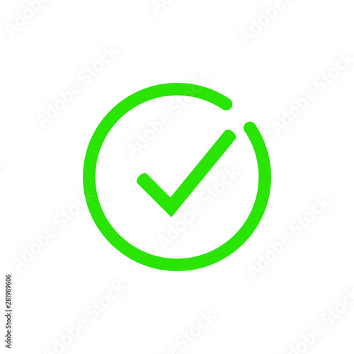 Tick icon vector symbol, checkmark isolated on white background, checked icon or correct choice sign, check mark or checkbox pictogram