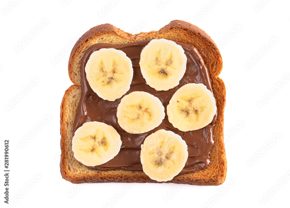 Toast with Chocolate Hazelnut Spread with Bananas on a White Background