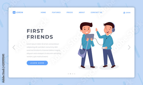 First friends landing page flat template. Boys wearing headphones, listening music, schoolkid with bag holding tablet cartoon characters. Classmates, schoolboys friendship website homepage