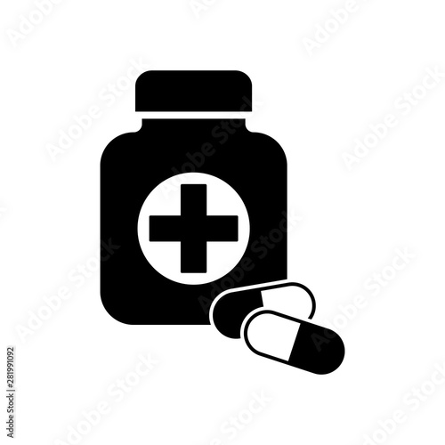 First medical help, aid, drug or pill icon. Vial of pills for first aid, pain reliever tablets, drug icon vector.