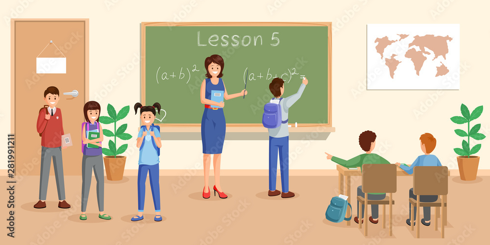 Mathematics lesson flat vector illustration. Cheerful teacher at chalkboard explaining maths to pupils cartoon characters. Schoolchildren study arithmetics, algebra formula, doing sums