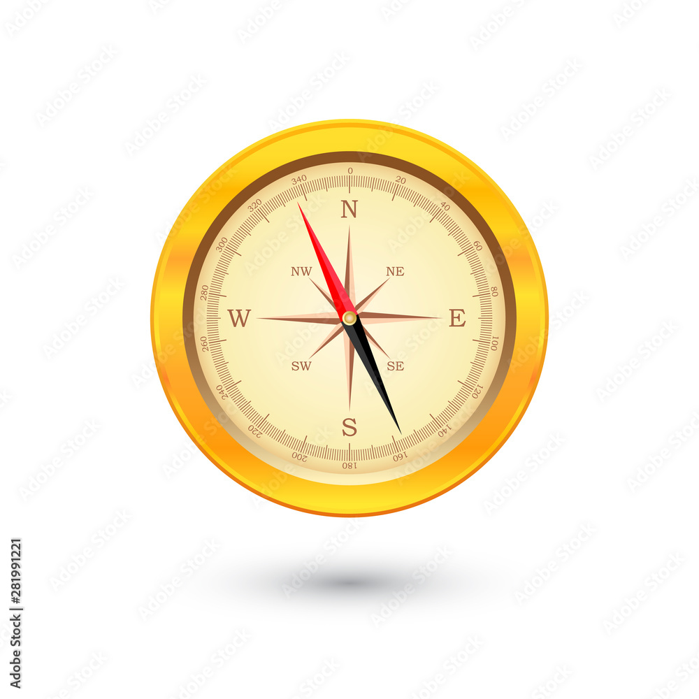 Old round compass, front view, for navigation. Gold old compass navigation, vector icon. Old round compass, front view, for navigation. Gold old compass navigation, vector icon.