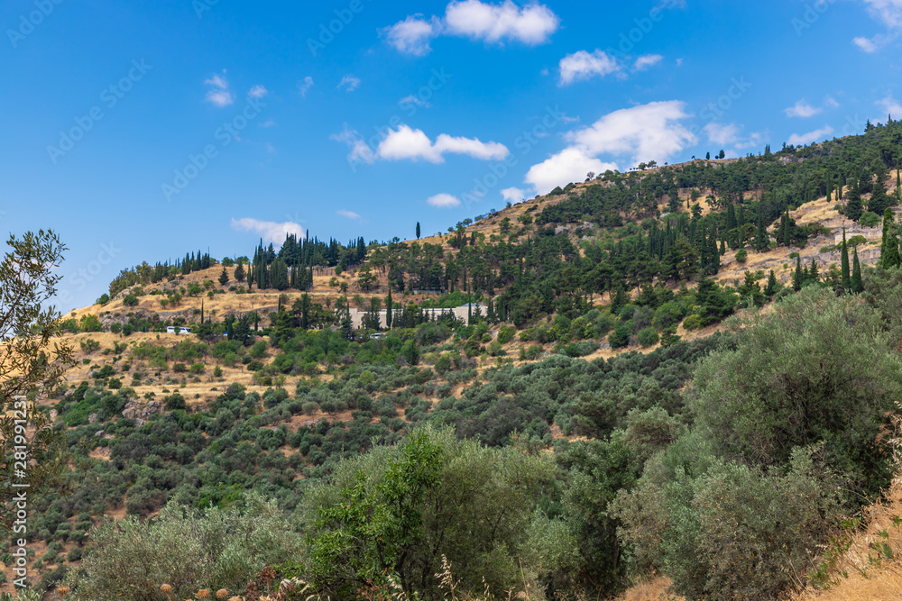 Scenic view to mountain landscape with olive trees and building of Delphi museum in Greece