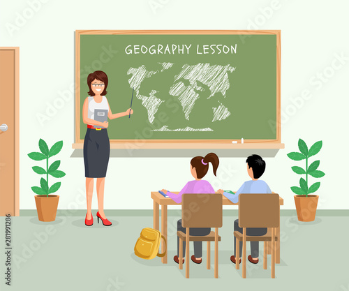 Geography lesson flat vector illustration. Female teacher with pointer showing continents on chalkboard. Cartoon schoolkids, pupils sitting at desks listening to educational material explanation