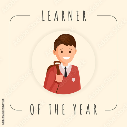Learner of year vector banner template. Cartoon smiling pupil, schoolboy photograph in frame. Best student photo social media post, kids achievements, results recognition poster design layout
