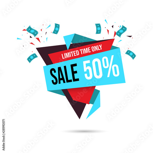 50 percent off sale banner template. Shopping half price discount for customers creative promotional vector poster layout. Store limited time deals and special offers for clients sticker, label