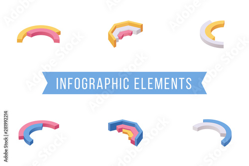 Infographic elements isometric vector illustrations set. Various multi level pie chart slices, circular diagram 3D icons pack. Statistical analysis, business analytics, marketing data visualization