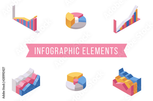 Business infographic elements isometric illustrations set. Various histograms, multicolor pie and stacked area charts collection. Financial presentation diagrams, data visualization 3D icons pack