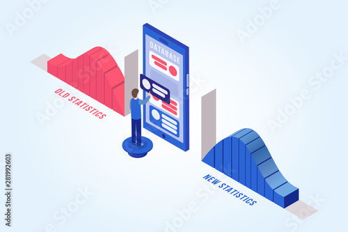 Man updating database isometric vector illustration. Businessman, office worker, manager working with smartphone 3D cartoon character. Business analytics, stock market research banner template