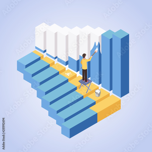 Businessman painting histogram bars isometric illustration. Office worker  financier  painter standing on chair holding paintbrush 3D cartoon character. Business analyst profession metaphor