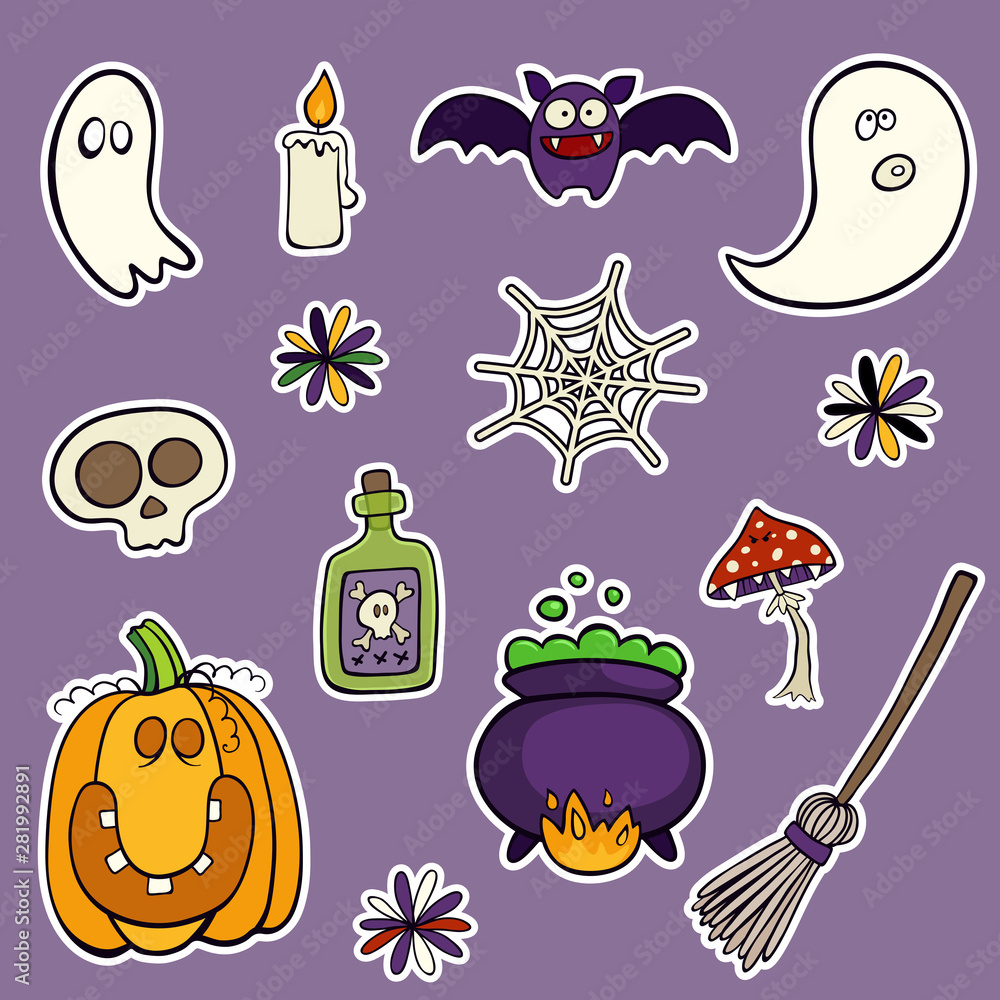 Fototapeta premium Halloween set of patches with pumpkin, skull, mushroom and other elements. Vector illustration isolated on violet background. Set of stickers, pins, patches in cartoon comic style.