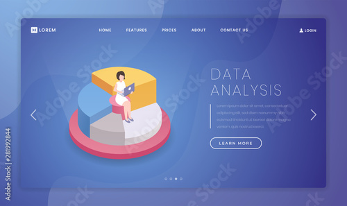 Market statistics analysis landing page template. Financial consulting company website homepage interface idea with isometric illustrations. Business data analytics web banner, webpage cartoon concept