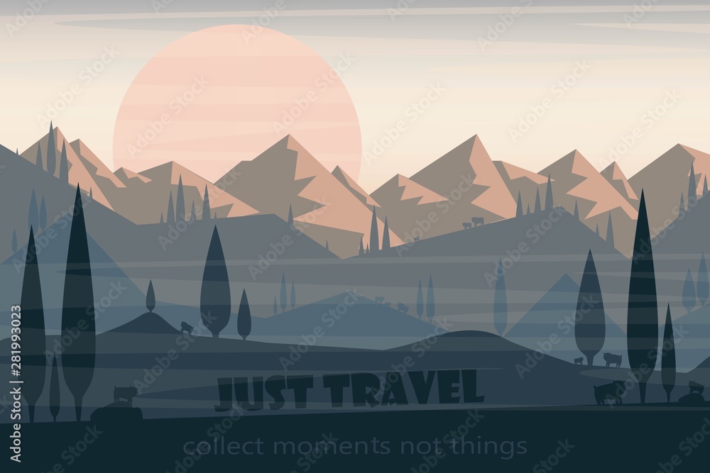 Plakat Vector landscape. Minimalist style. Silhouettes of the mountains, slopes, relief and forest. Panoramic image.