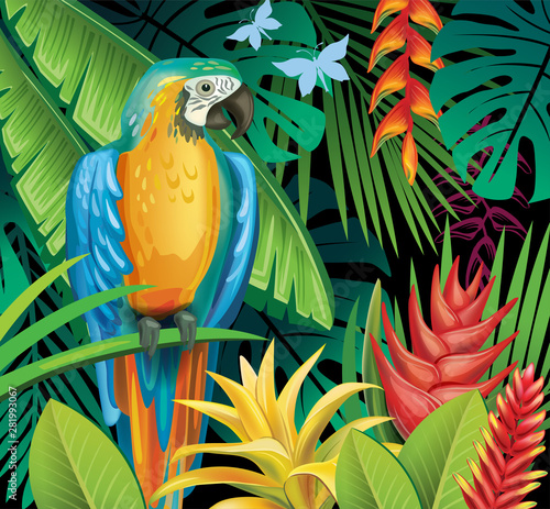 Background with tropical jungle plants and parrot