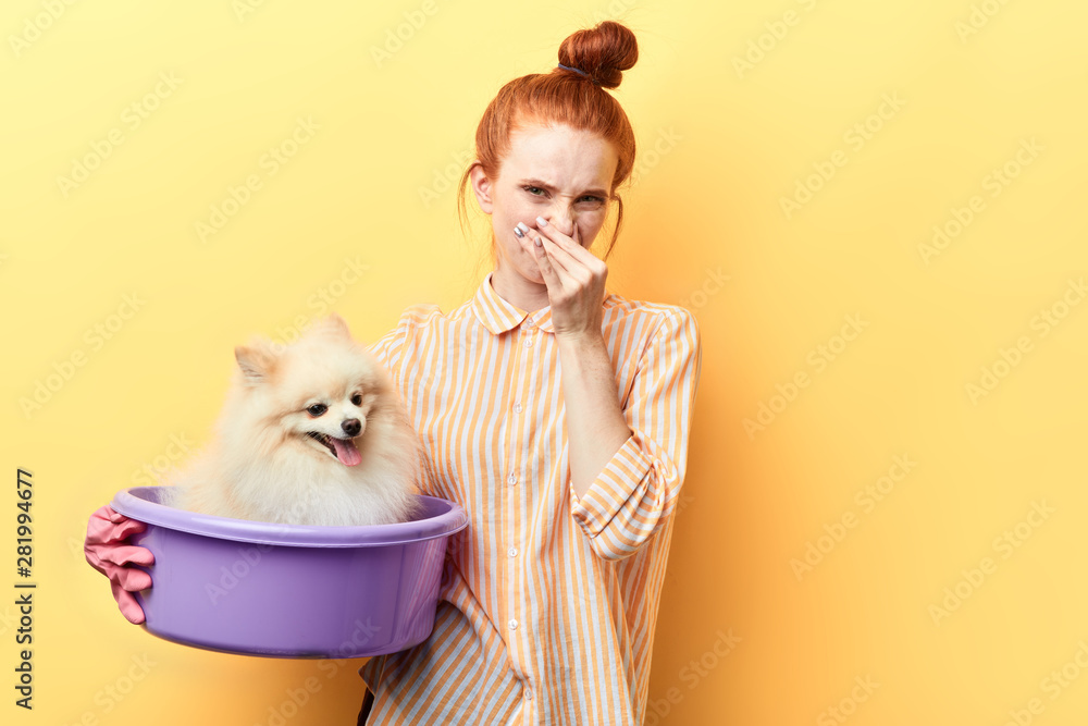 red-haired beautiful woman holds fingers to her nose because her dog is dirty and it needs to be washed. close up portrait, woman takes care of her pet.unpleant smell from pet
