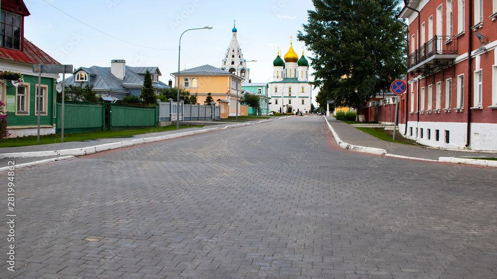 View on Kolomna street with bell tower of John the Apostle and Archangel Michael Church, Kolomna kremlin. Sightseeing and travelling in Russia. History, Religion, Horizontal banner View on Kolomna street with bell tower of John the Apostle and Archangel Michael Church, Kolomna kremlin. Sightseeing and travelling in Russia. History, Religion, Horizontal banner