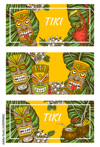 Set of flyers for  tiki party. Wooden idols, tropical flowers and leaves, cocktail. Color. Engraving style. Vector illustration.