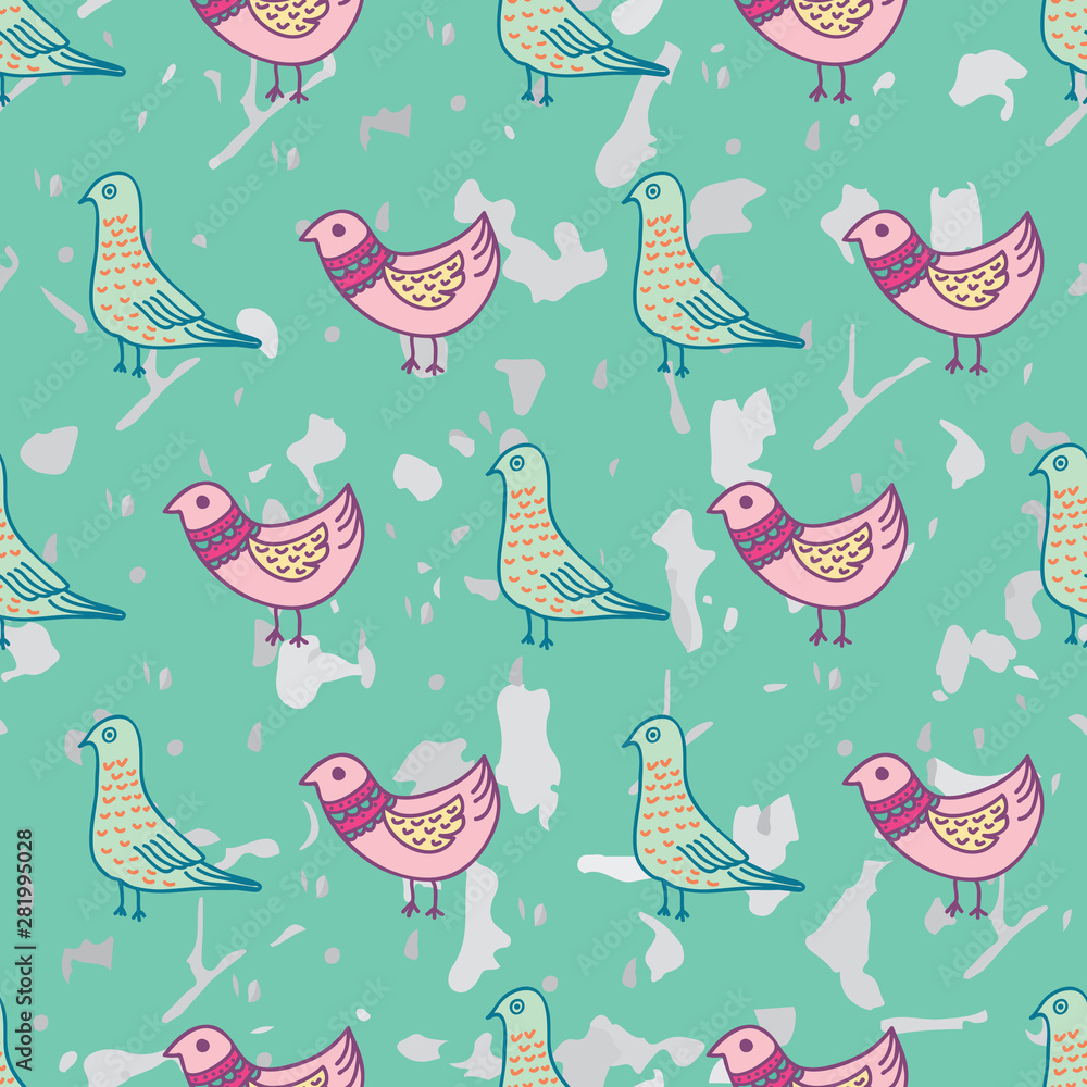 Fototapeta BIRDS AND FEATHERS colorful seamless pattern illustration for fabric, backgrounds, wallpaper etc.
